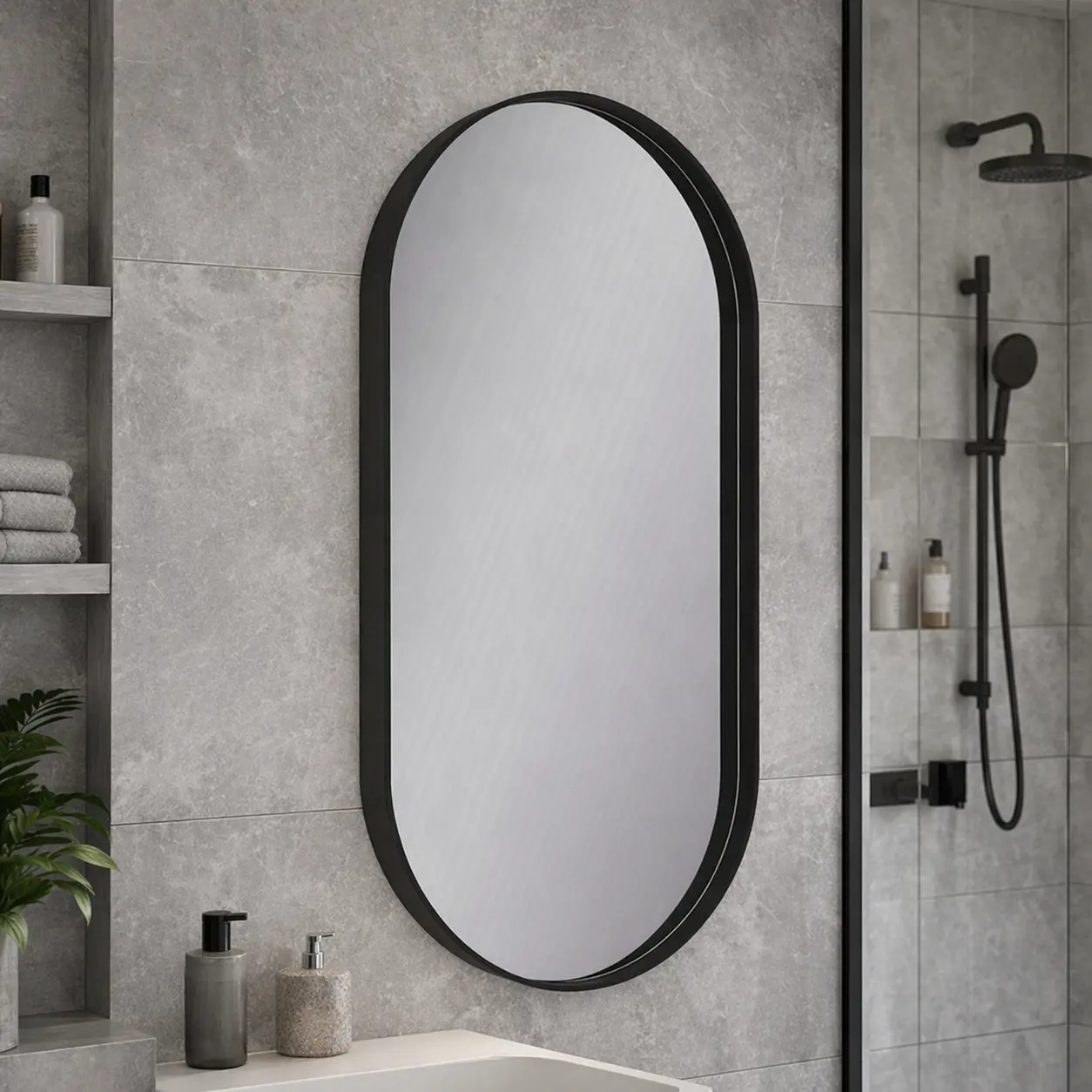 LED Spiegel oval mit Rahmen versetzt - ohne Beleuchtung