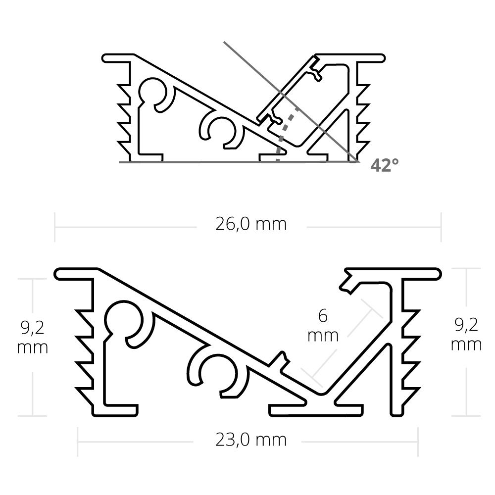 Profilo LED da incasso 42° nero + cover opale