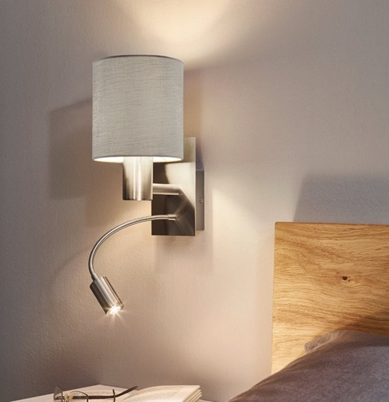 Lampada da lettura a LED in nichel con paralume in tessuto